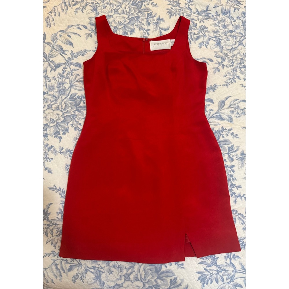 Vintage 90s Red Hugo Buscati Collection 100% Silk Square Neck Mini Dress, size 8